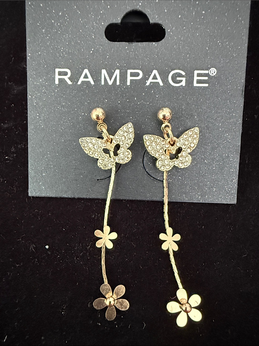 NWT Women’s 2”Rampage Gold Butterfly and Floral Drop Dangle Earrings crystals